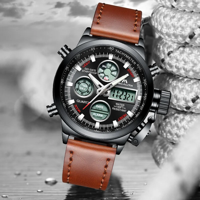 المغليث ووتش الرجال العسكرية الرياضية للماء ساعة اليد LED الرقمية متعددة الوظائف ووتش الذكور ساعة البني جلد طبيعي ووتش