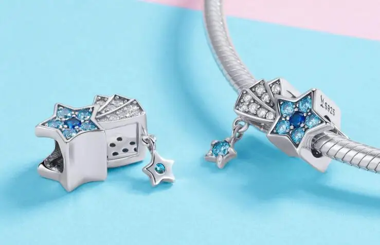 New Arrival Authentic 925 Sterling Silver Blue CZ Star Beads fit Necklaces & bracelet Jewelry Gift Accessories Making Lovers
