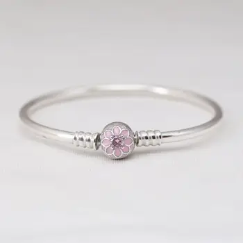 

925 Sterling Silver Dahlia Bloom Charm Clasp Bangle & Bracelets Pale Cerise Enamel & Pink CZ fit Lady Beads Pendants