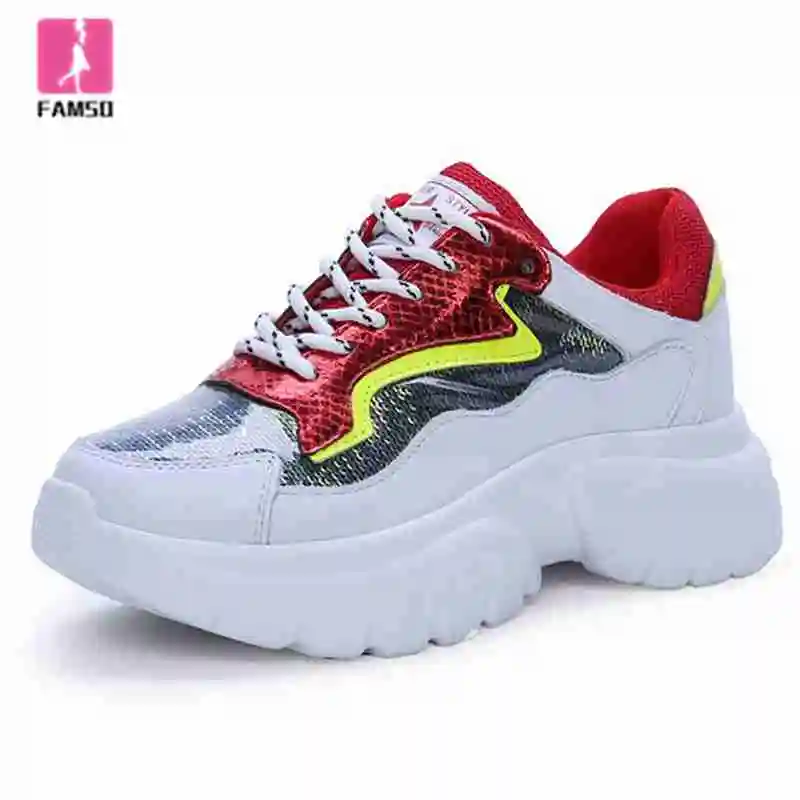 

FAMSO 2019 New Top Fashion Women Dad Sneakers Red Green Mixed Color Rubber Foam Bottom Soft and Breathable Chunky Sneakers
