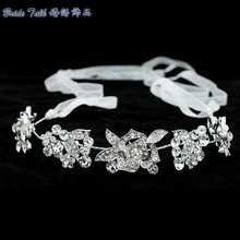 New Rose Flower Head band Chain Ribbon Rhinestone Crystals Hair Band Women Hair Jewelry Bridal Wedding Headpiece GX003