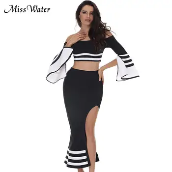 

Miss Water New Celebrity Party Bandage Dress Women Flare Sleeve Off The Shoulder 2 Two Piece Set Sexy Club Dress Women Vestidos