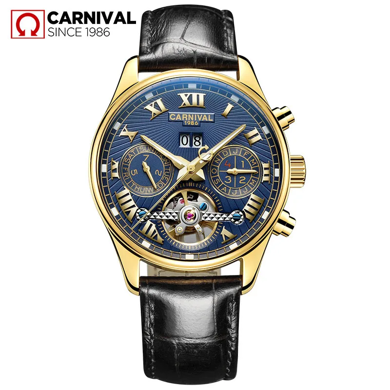 

2017 CARNIVAL Skeleton Tourbillon Mechanical Watch Automatic Men Classic Gold Leather Mechanical Wrist Watches Reloj Hombre