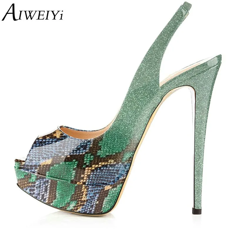 

AIWEIYi Women Peep Toe Platform Pumps Snake Print Thin High Heels Stiletto Sandals Slip On High Heels Wedding Party Shoes