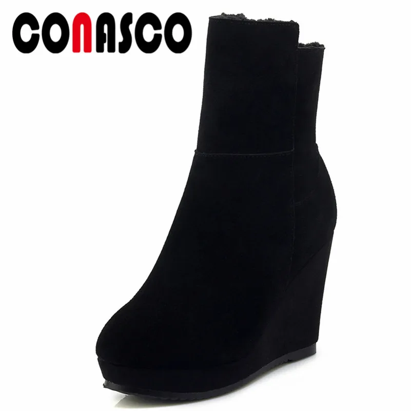 

CONASCO Fashion Women Cow Suede High Heels Basic Boots Wedges Heels Warm Autumn Winter Boots Platforms Party Wedding Shoes Woman