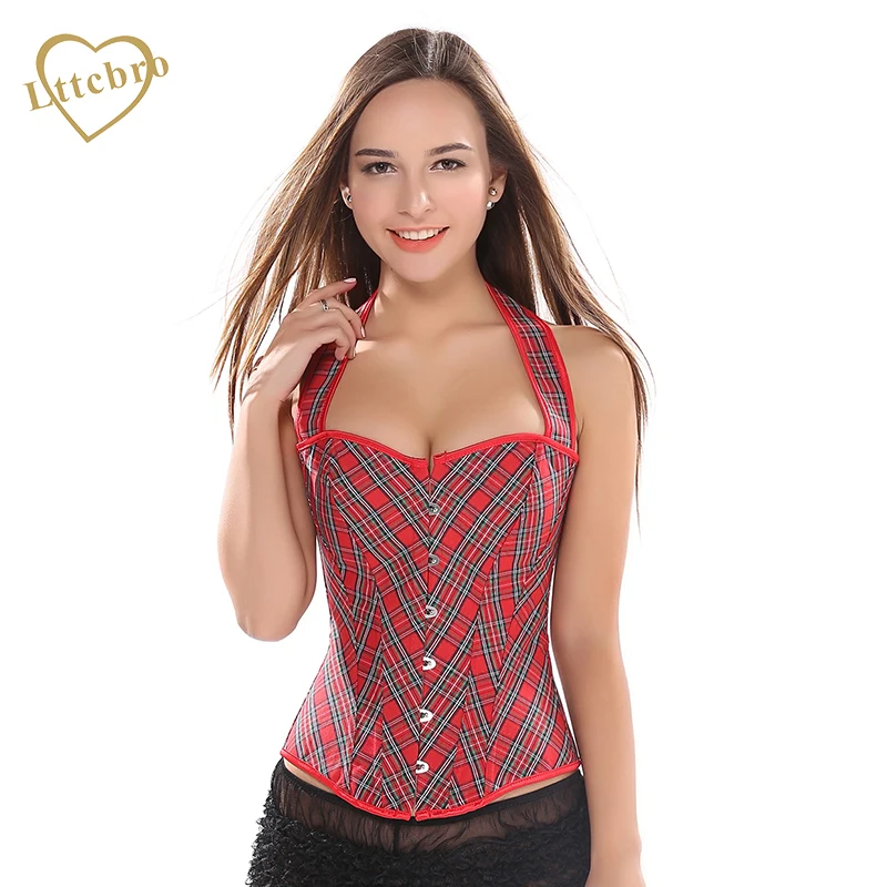 

corsets and bustiers shaper corset for slimming tight Strap Red Grid Boned Overbust corset top seleeves Body Shaper Halter Bust