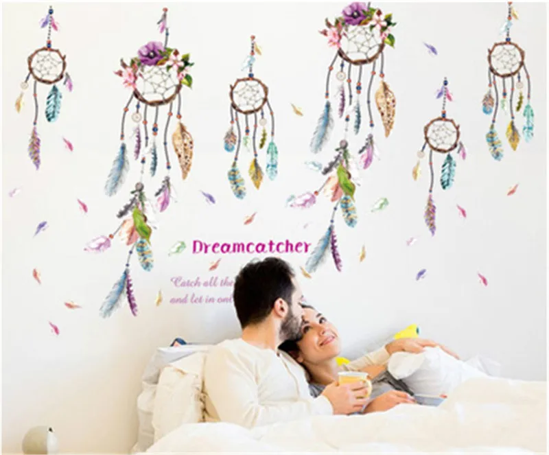Модная индийская колокольчик перо настенная наклейка мечта настенное Искусство Наклейка богемное перо декор Ловец снов плакат для украшения спальни