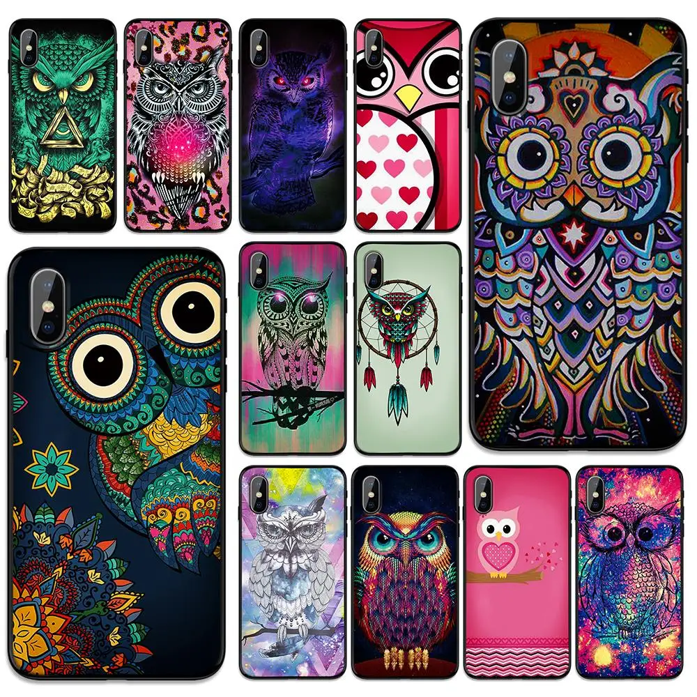 

An art owl stands on the tree in color Soft TPU Case Cover for Apple iPhone 6 6S 7 8 Plus 5 5S SE X XS MAX XR Silicone Cases