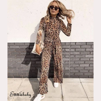 

Women's Leopard Clubwear Playsuit Zip Up Party Jumpsuit Romper Long Trousers Womens Pants Trousers