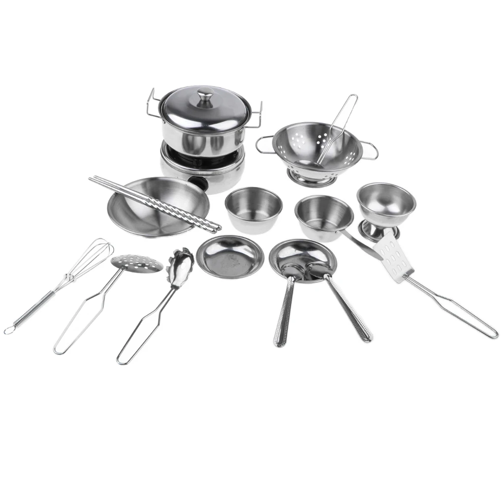 18 Pieces Simulation Silver Stainless Steel Cookware Pan Bowl Chopsticks Dish Plate Stove Children Real Cooking Toy Role Play