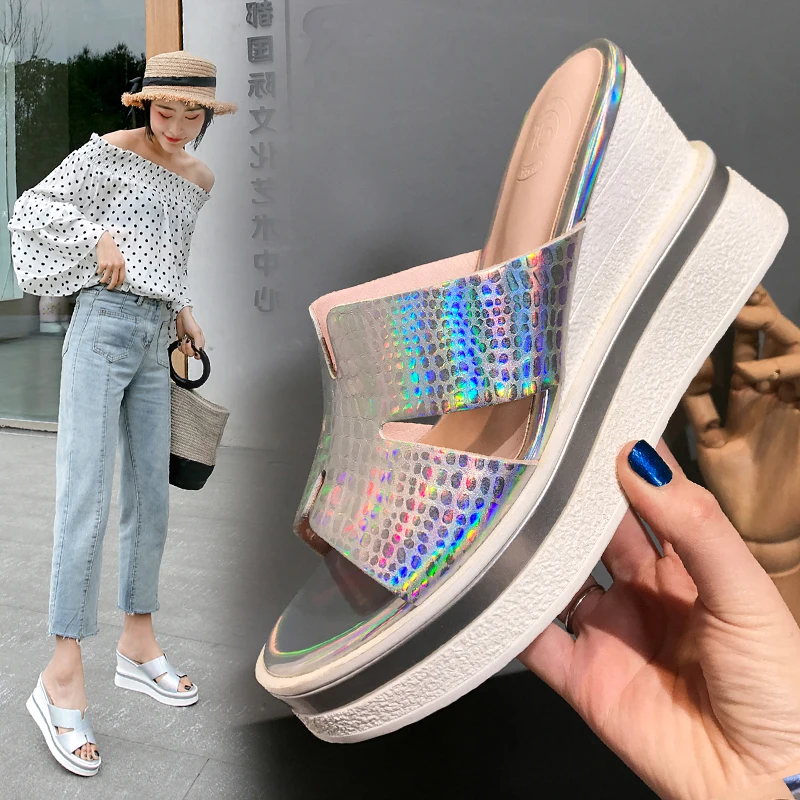

women's Slippers Genuine Leather super size fit for 22-26cm length 2019 summer simple European and American wear slippers