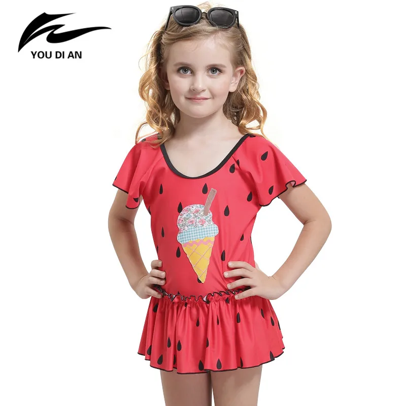 

2016 New Loose Children Swimwear Round Collar Conjoined Short Skirt Raindrop Design Printed Ice Cream One-Piece Swimmer 2-12Y