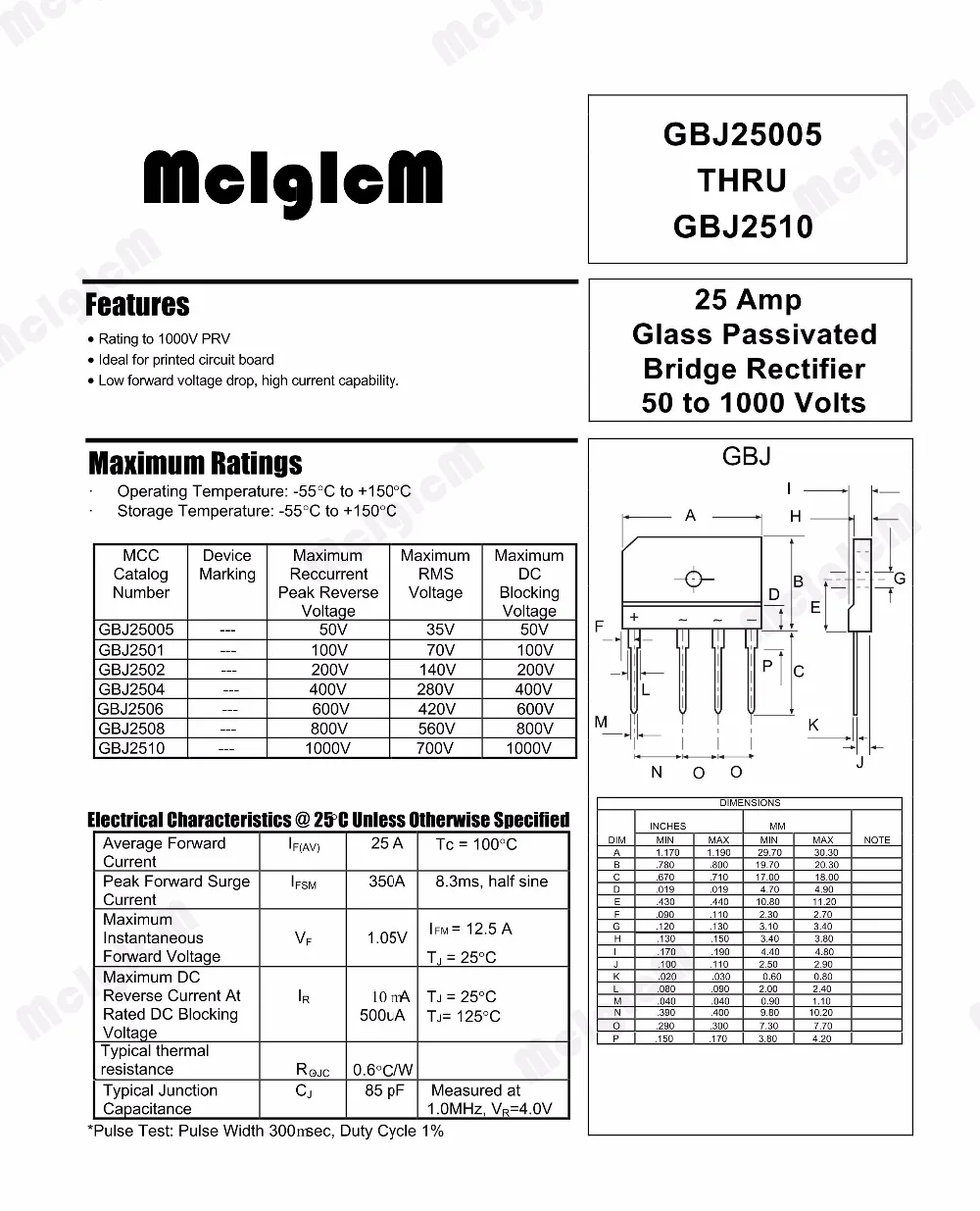 Diode bridge rectifier gbj2510 25A 1000V MCIGICM 5PCS