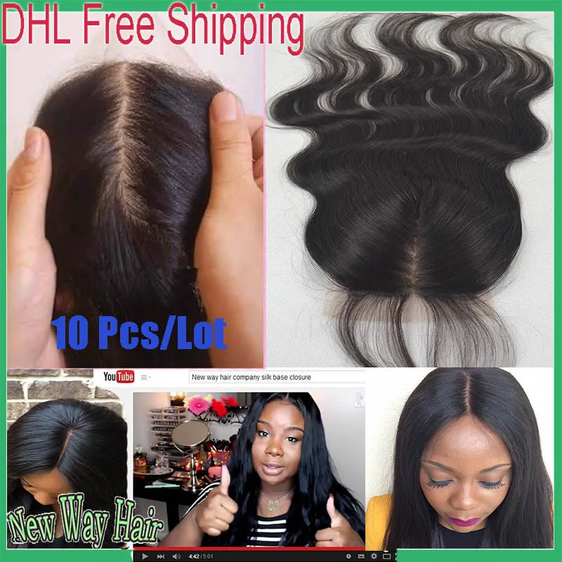 

10 pcs/lot wholesale price 7A Cheap Silk Base Closure Hidden Knots Middle/Free/3 Part body wave Silk Closure DHL free shipping