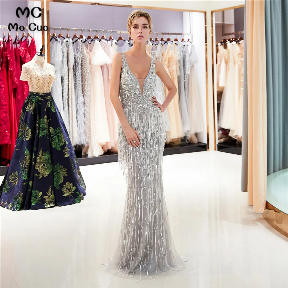 

Luxuries Mermaid Evening Dresses Long with Beaded Ruffles V-Neck Floor Length Tulle Puffy Formal Evening Party Dress
