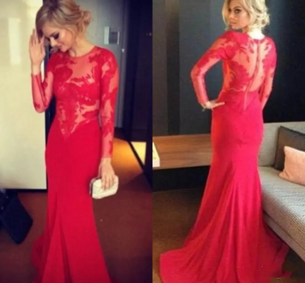 

Elegant High Neck Prom Dresses 2015 See through Long Sleeve Sheer Backless Lace Evening Dress Mermaid Maxi Red Women Dress