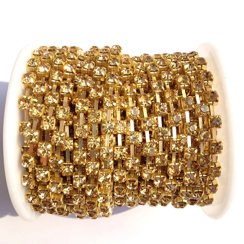 

Sew on Crystal Strass Chain Lt.Col.Topaz SS6 to SS38 10 yards/roll Gold Base Rhinestone Chain