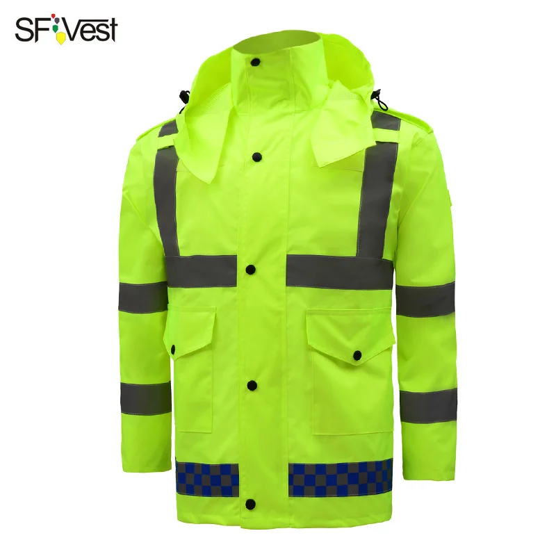 

Mens Hi Vis Yellow Reflective Raincoat Mens Safety Working Uniform Outwear Coat And Pants Reflective Striped