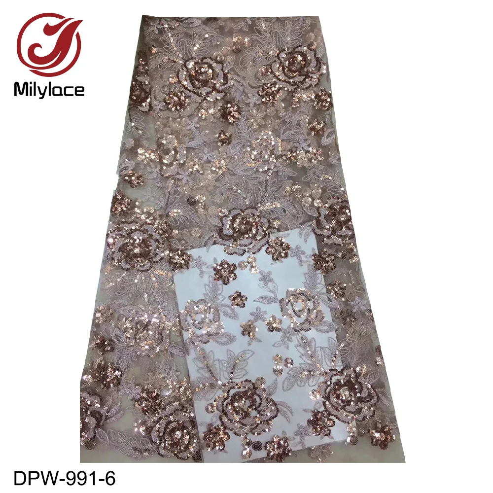 

Milylace new beautiful African tulle lace fabric 5 yards rose embroidery net lace fabric with sequins for party wedding DPW-991