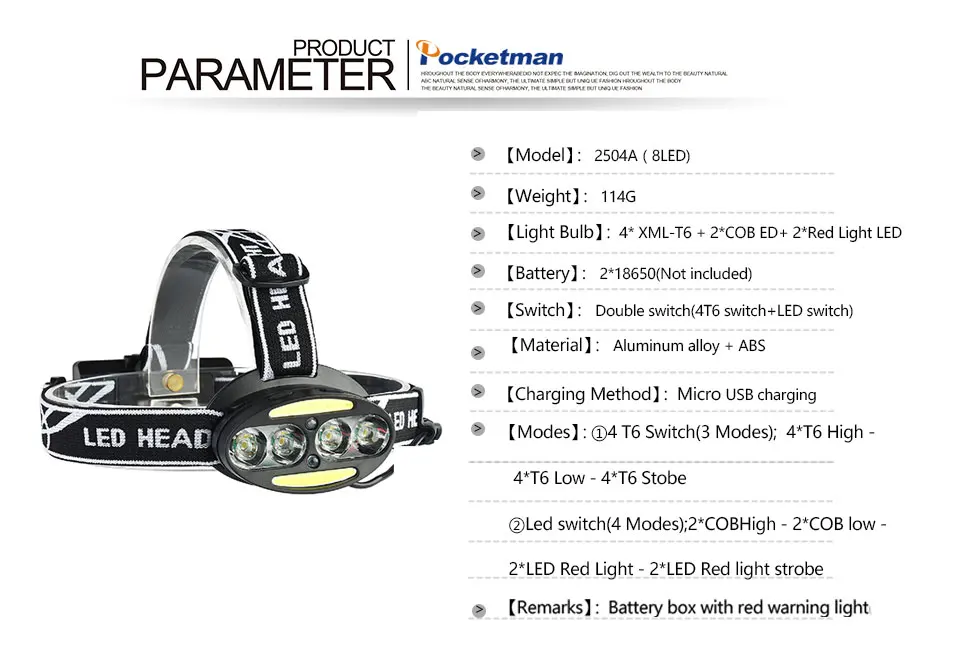 Pocketman светодиодный налобный фонарь 6000 люмен 4* T6+ 2* COB+ 2* красный светодиодный налобный фонарь с зарядным устройством