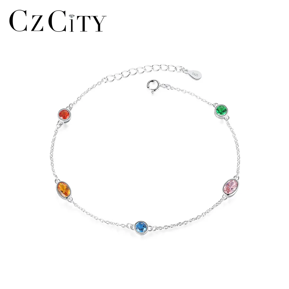 

CZCITY 100% 925 Sterling Silver Chain & Link Bracelets for Women Fine Jewelry Party Colorful Topaz Pulseira Femme Silver SB0070