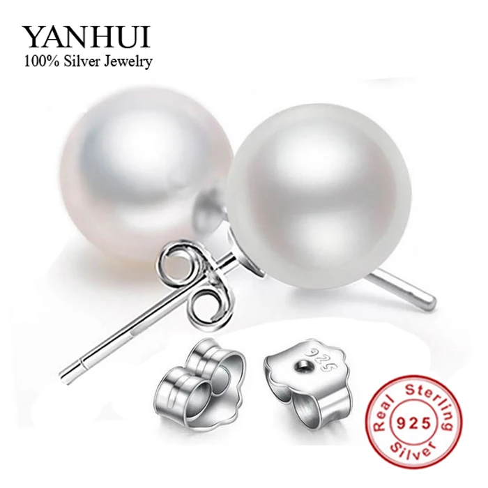 У S925 безопасности логотип Серебро 925 пробы, серьги со шпилькой, для Для женщин двойная сторона 8 мм Серьги с жемчугом, ювелирные изделия, новая BKE010