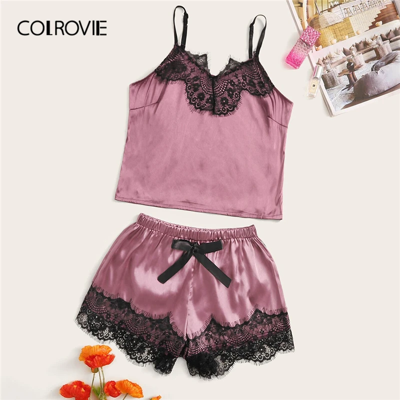 

COLROVIE Floral Lace Satin Cami Pajama Set Women Purple Short Set 2019 Summer Casual Nightwear Female Sexy Sleepwear