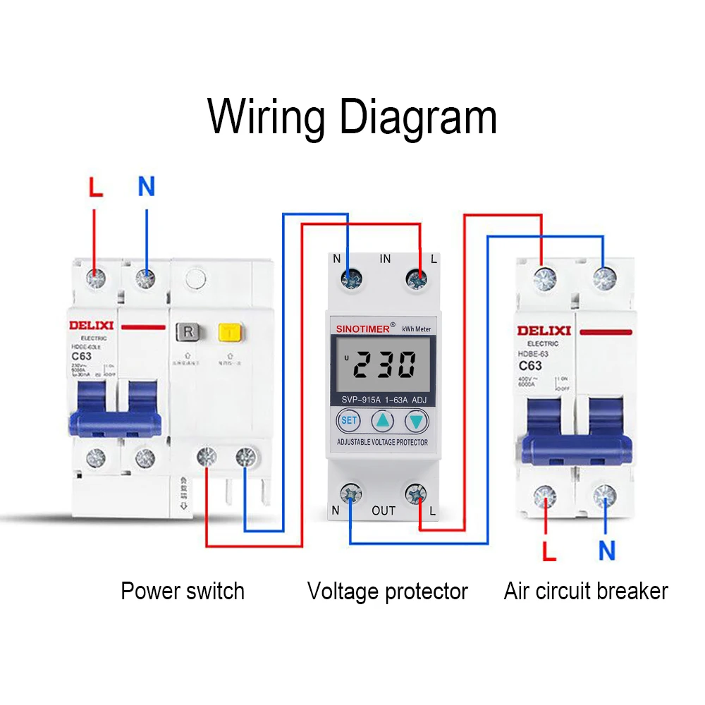 Однофазный 63A din-рейку ЖК-дисплей Регулируемый протектор напряжения защитное устройство с защитой от перегрузки по току и ваттметр
