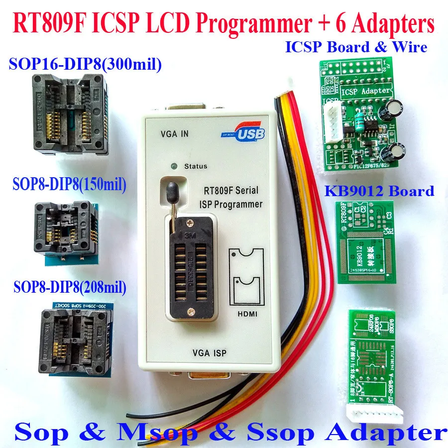 RT809F программист+ VGA lcd ICSP программист+ ICSP кабельная плата+ 6 адаптеров 24 25 93 серия IC