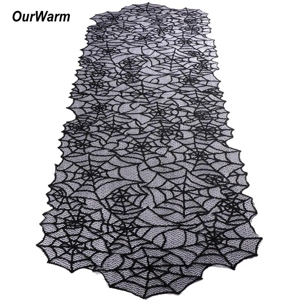 

OurWarm Halloween Spiderweb Lace Table Runner Horror Haunted House Props Black Table Cover Spider Theme Party Supplies 51x203cm