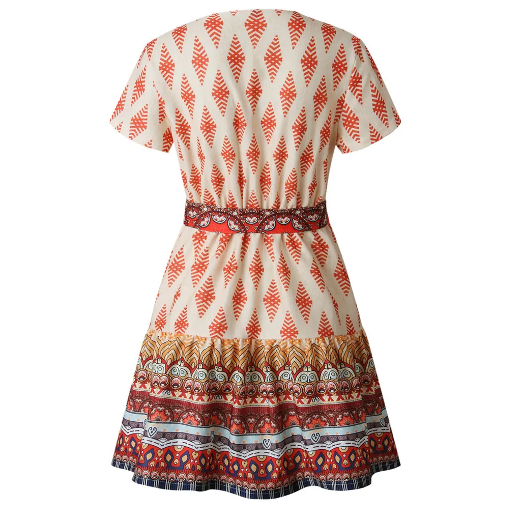 JAYCOSIN S XL Women Polyester Prints Short Sleeve V Neck Polyester Dress Evening Party Red Dress