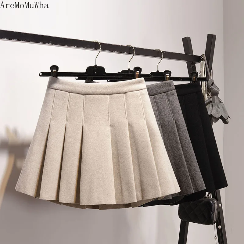

AreMoMuWha Autumn and Winter New Korean Style High Waist Pleated Woolen Skirt A-line Thick Chic Short Skirt Woolen Skirt Women