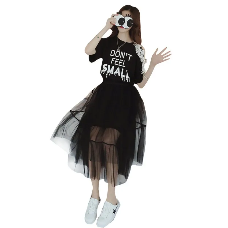 

matching sets Summer New Style Letter Printed Elbow conjunto femenino Sleeve Strapless Personality Mesh Dresses Sets