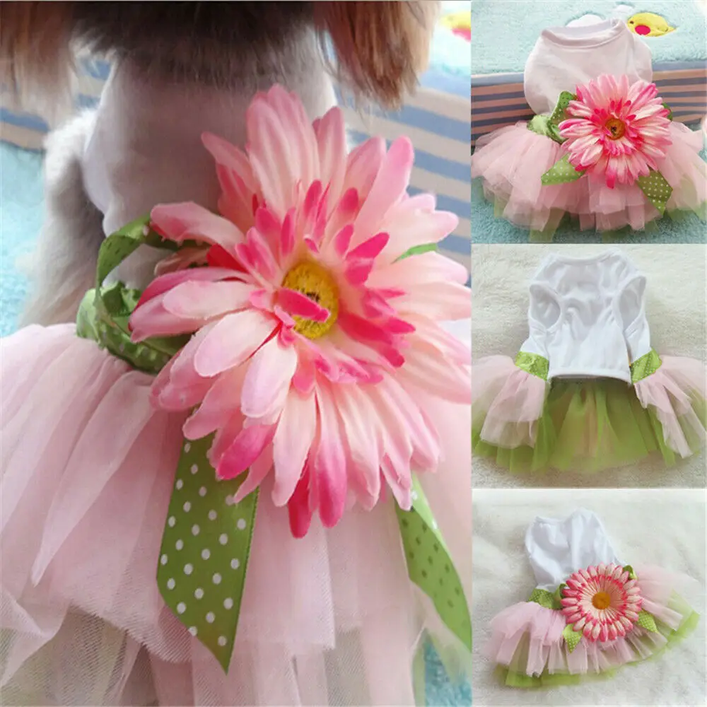 

New Summer Small Dog Floral Dress Girl Satin Layered Party Wedding Pet Dog Princess Mesh Tutu Skirt