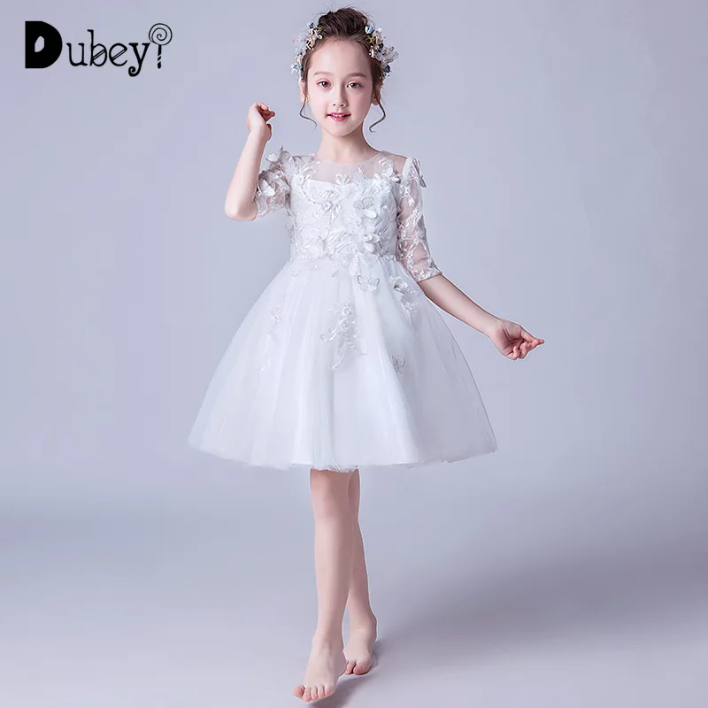

White Flower Girl Princess Dress with Lace Butterfly Elegant Girl Party Dress with Sleeve Kids Frocks Clothes for Evening Prom