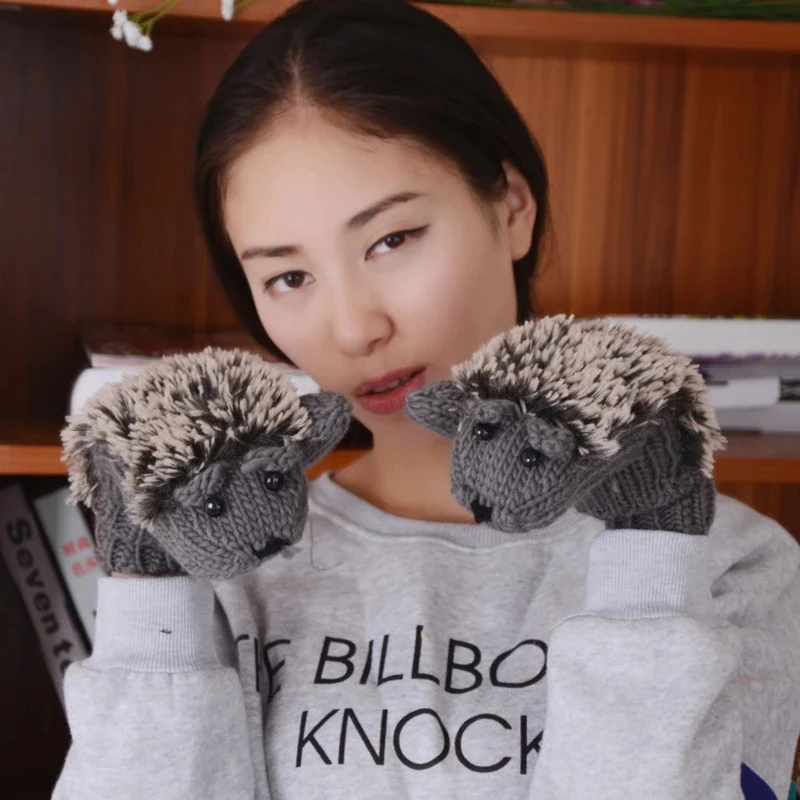 Women's Winter Cartoon Hedgehog Gloves Without Fingers Knitting Wool Warm Mittens Fingerless Glove