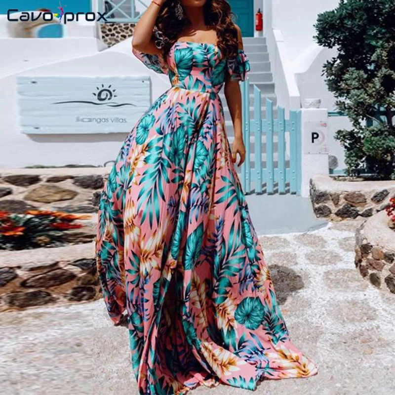 Women Flora Printed Off Shoulder Petal Sleeve Strapless Slit Maxi Dress Beach Style Holiday Floor-Length Party Dress