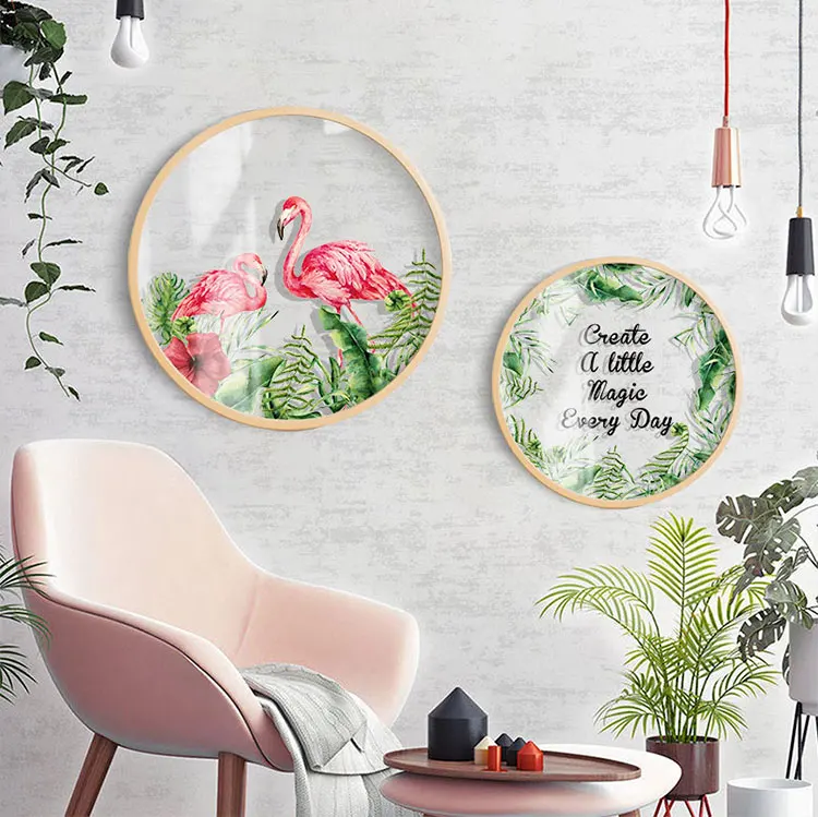 Скандинавском стиле Фламинго зеленое растение украшение картина круглая стеклянная прозрачная картина МУРАЛ с изображением алфавита висячая картина