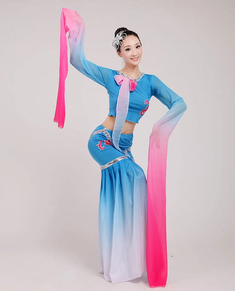 Детское платье для танцев Chang 'e, китайские народные танцы, костюм для женщин, танцевальное платье Yangko, одежда для танцоров с длинными рукавами, 16