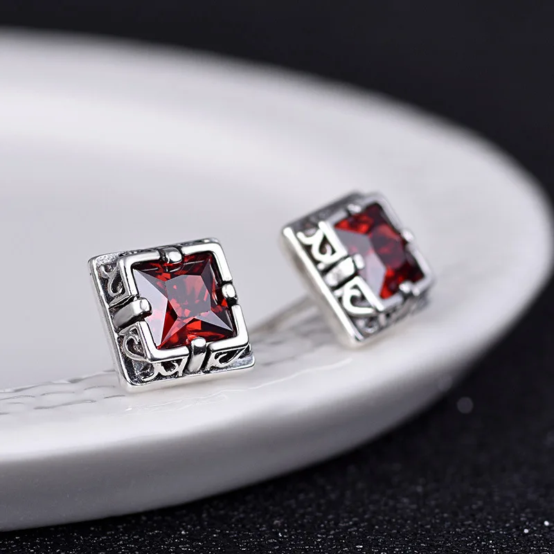 S925 Стерлинговое серебро ювелирные изделия с красным и черным гранатом Простые ретро Модные женские серьги из стерлингового серебра