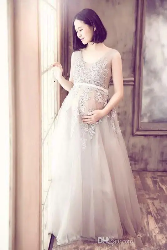 Pregnant Wedding Dress 2016 Sexy Illusion Bodice Lace Applique Crepe Floor-Length Maternity Women Wedding Dress Free Shipping1