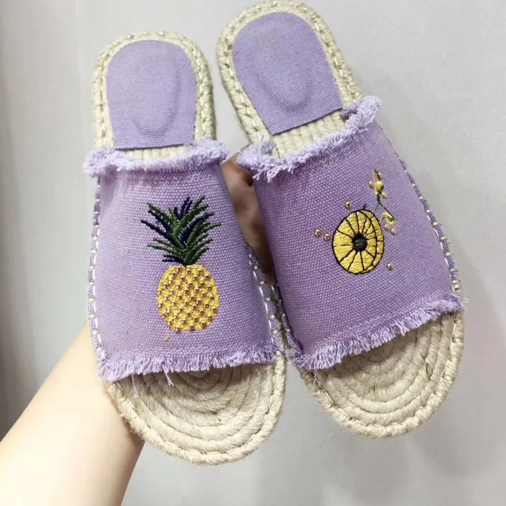 Summer Espadrilles Slides Canvas Fringe Hemp Sole Flip Flops Rivets Pineapple Embroidered Slip On Slippers Beach Dress Shoes fringe slip on slides yellow