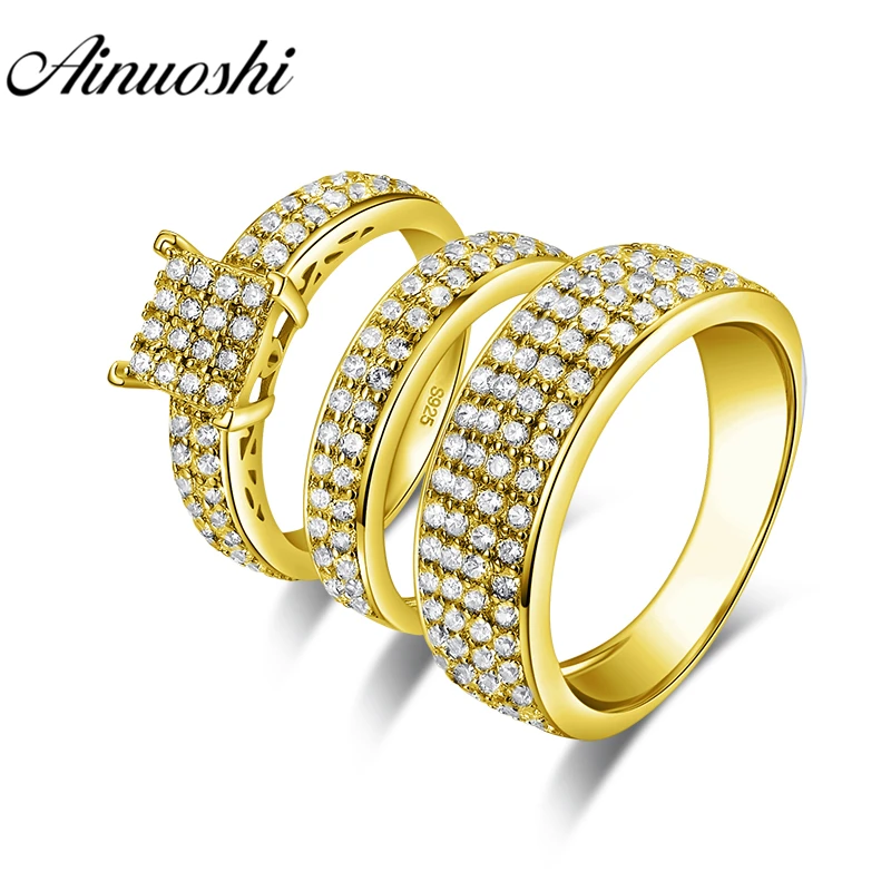 

AINUOSHI Real 10K Gold TRIO Ring Set Engagement Jewelry 10K Yellow Gold Couple Wedding Ring Pave Ring Row Drill Cluster Ring Set