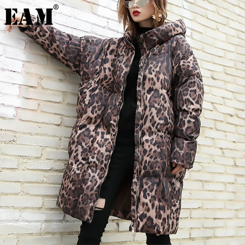 [EAM] 2019 New Spring Hooded Long Sleeve Leopard Printed Loose Large Size Cotton-padded Coat Women Parkas Fashion JK242