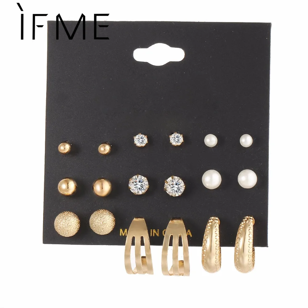 

9 Pcs/Set Gold Color Crystal Stud Earrings Retro Silver Color Simulated Pearl Earring Set For Women Jewelry Brinco Argola