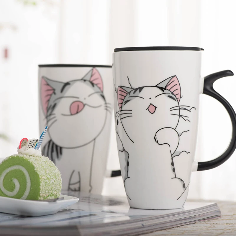 Кошка кружка с крышкой личность большой емкости прекрасный керамическая чашка офис пары чашки питьевой чашки