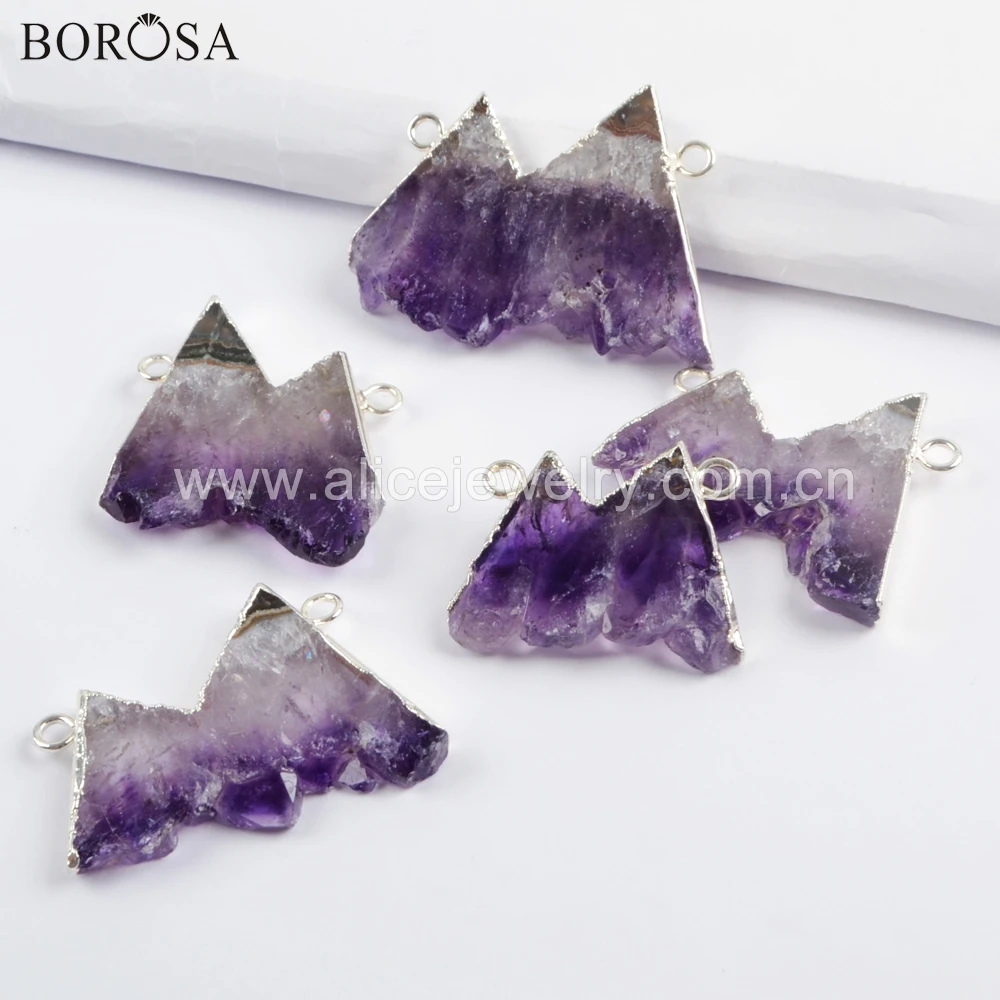 BOROSA 5PCS Silver Color Natural Style Amethysts Slice Connectors Crystal Druzy Double Charms for Necklace as Gifts WX1069 | Украшения и