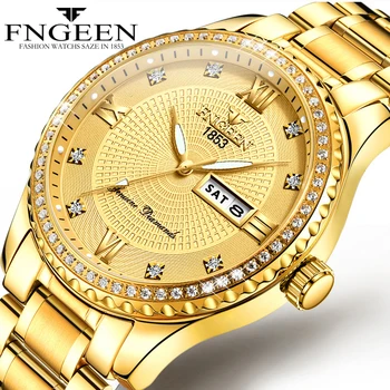 

High Quality Mens Watches Top Brand Luxury Quartz Watch Full Steel Diamond Male Clock Date Week Waterproof Gold Wristwatch