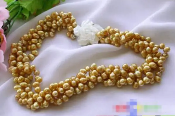 

Free shipping hot sale Women Bridal Wedding Jewelry >>4ROW 7MM yellow RICE FRESHWATER CULTURED PEARL NECKLACE