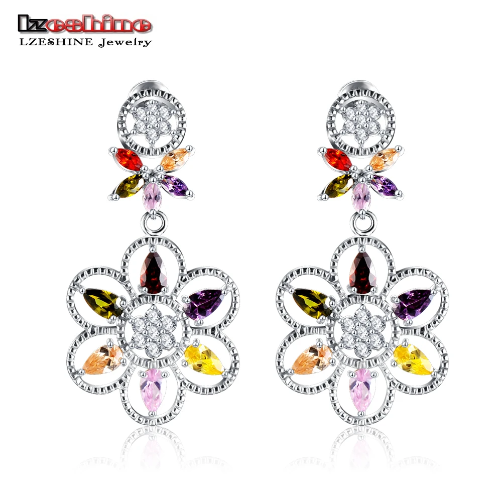 

LZESHINE Fashion Earring Delicate Multicolor Zircon Stone Bijoux Flower Drop Earring Wedding Party Earring Bijouterie CER0212-B